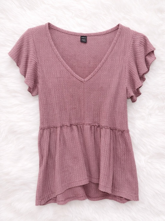 SHEIN Tops - SHEIN Mauve Waffle Knit Peplum Top Small Flutter Sleeve V Neck Babydoll Blouse